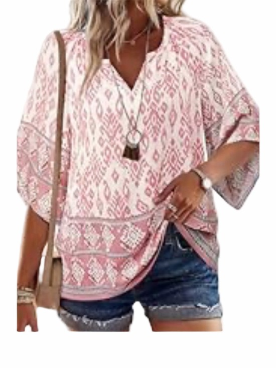 bebonnie Tops - Bebonnie Lightweight Cream Peasant Top Women’s XXL Coral Geometric Print Boho